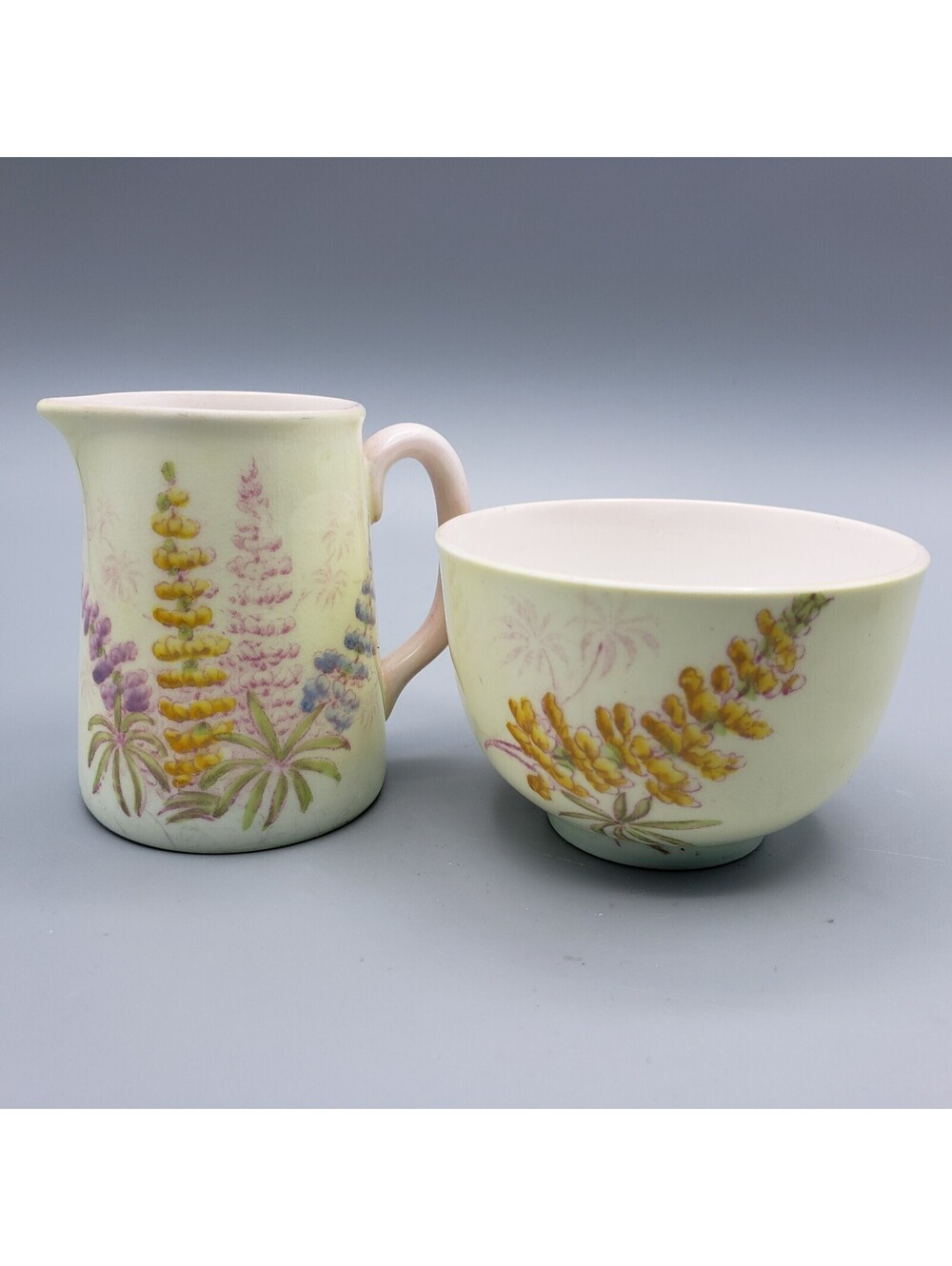 Vintage Sampson Smith Old Royal China Creamer & Sugar Set Lupine Pale Yellow